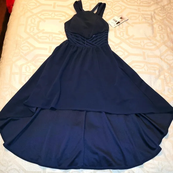 honey and rosie blue dress HONEY & ROSIE Square Neck Faux Wrap Satin Blue Dress Size Large